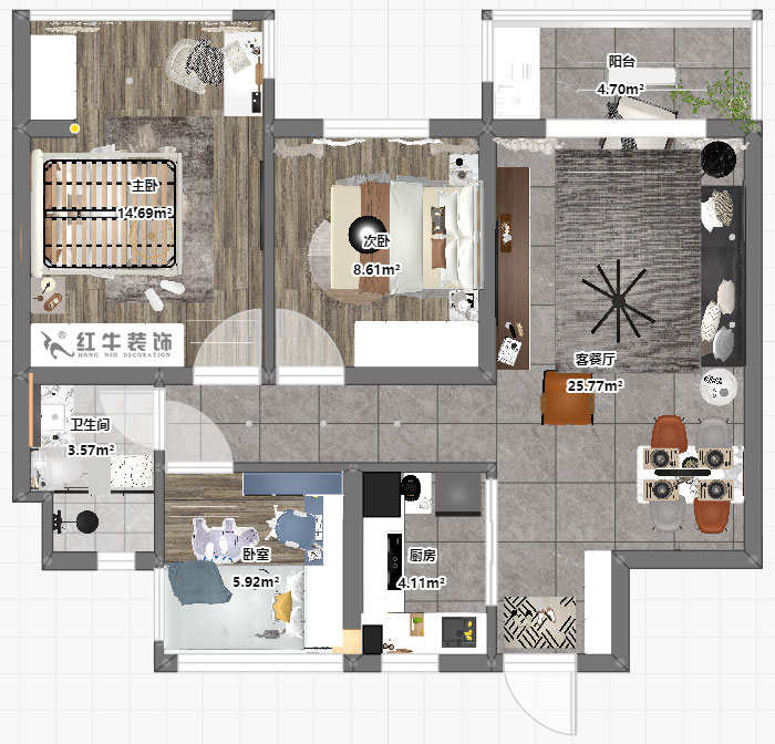 刘小勇｜招商公园里1-303-88㎡-现代简约风格｜3室2厅1卫｜老房装修｜定制家｜全包11万｜00_03平面彩图